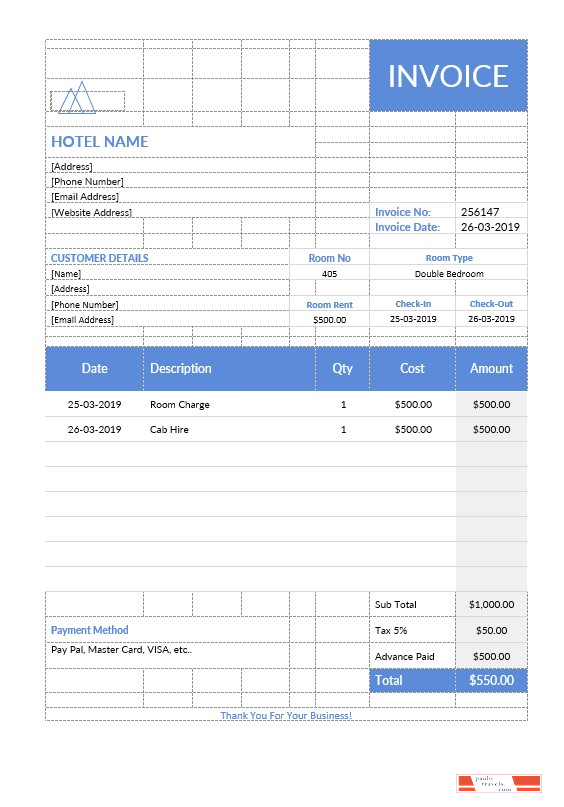 Hotel Stay Invoice Template PSD template
